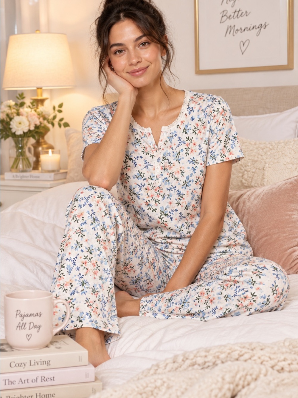 Flora Nikrooz White and Blue Floral Pajama Set Short Sleeve Pockets 😍